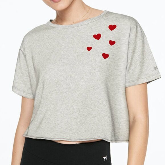 PINK VS VICTORIA'S SECRET Girlfriend Short Sleeve Cropped Tee Oatmeal Hearts L - Picture 1 of 16